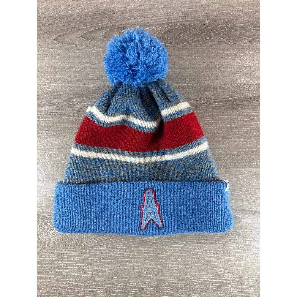 47 Brand Houston Oilers Beanie Hat Blue Red Striped Knit Pom Cuffed OSFA NFL